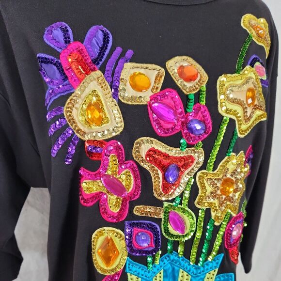 Vtg Victoria Harbour Medium Sequin Embellished Black 3/4 Sleeve Floral Shirt Top - Picture 6 of 11